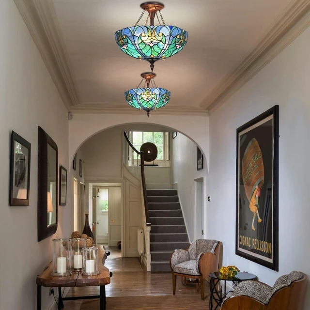 Alt view image 4 of 7 - Tiffany Ceiling Lights Stained Glass Semi-Flushmount for Hallway 2-Lights