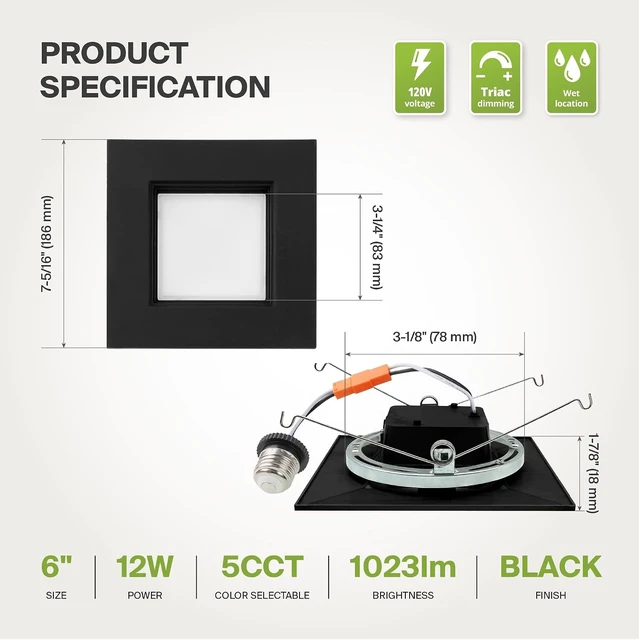Alt view image 7 of 7 - ASD LED Black Retrofit 6 Inch Recessed Lights - Square 12W 1023LM 2700-5000K LED Recessed Lighting 6 Inch, Wet Rated Dimmable Can Lights, Baffle Trim Wafer Lights, UL 6 Pack
