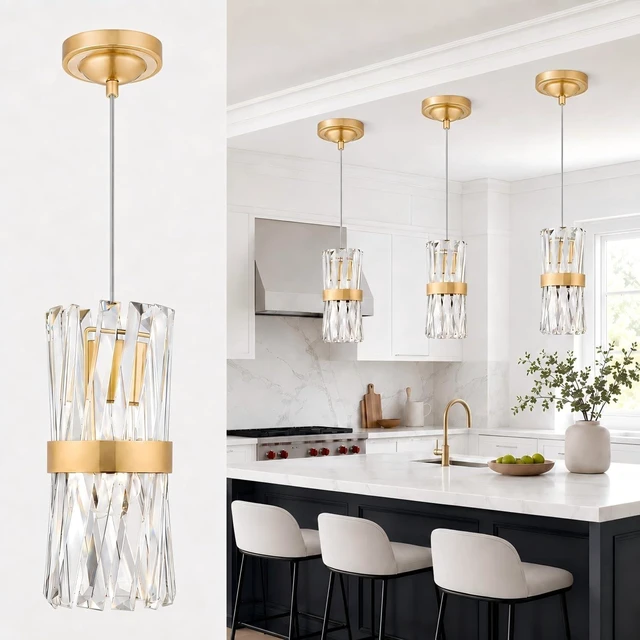 Main image of Ken & Ricky Brush Gold Pendant Lights Kitchen Island, 3-Pack, K9 Crystal