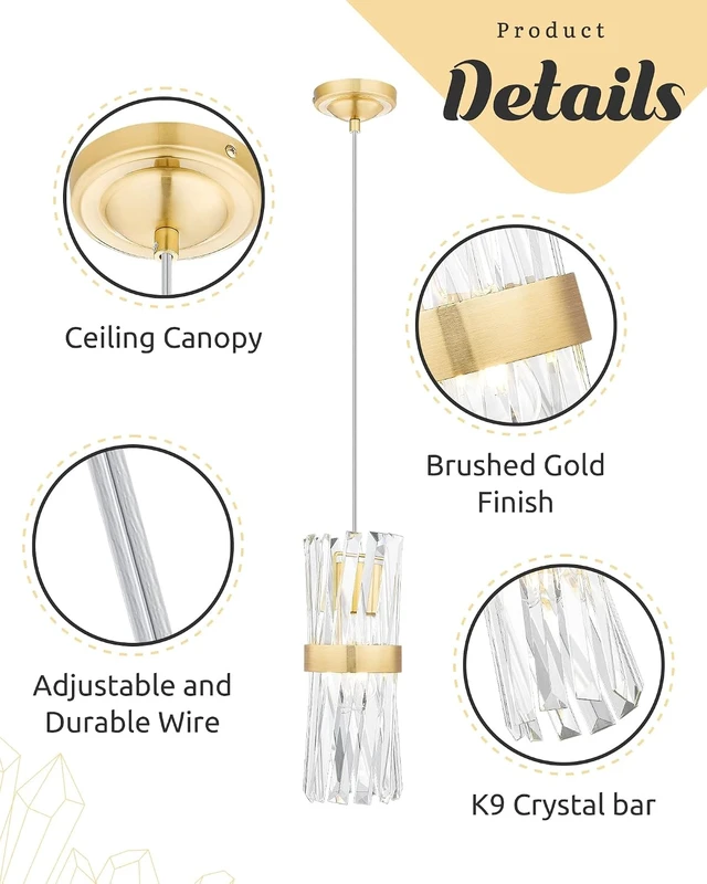 Alt view image 5 of 7 - Ken & Ricky Brush Gold Pendant Lights Kitchen Island, 3-Pack, K9 Crystal