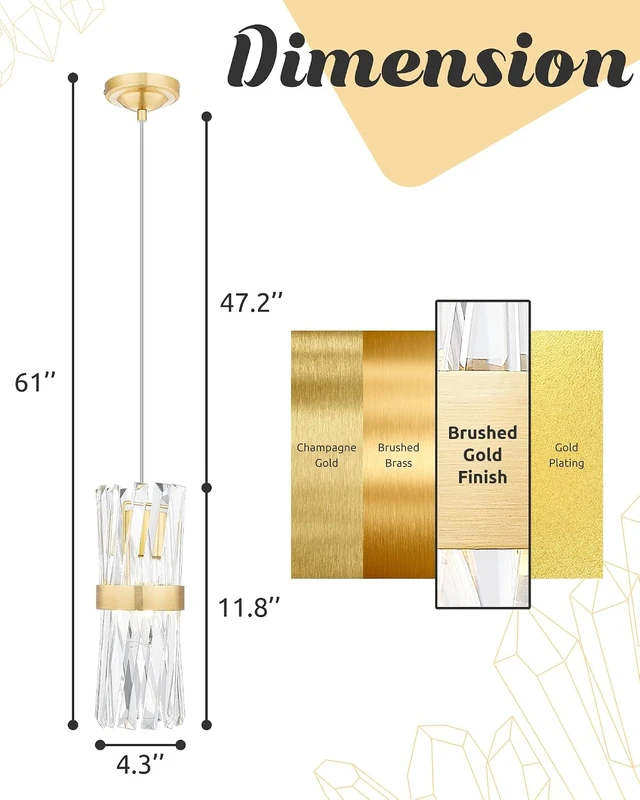 Alt view image 7 of 7 - Ken & Ricky Brush Gold Pendant Lights Kitchen Island, 3-Pack, K9 Crystal