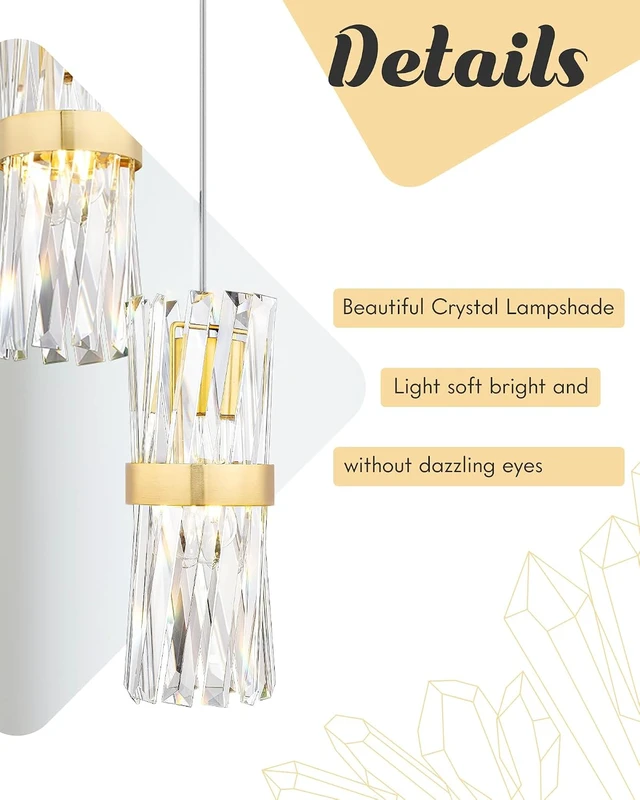 Alt view image 4 of 7 - Ken & Ricky Brush Gold Pendant Lights Kitchen Island, 3-Pack, K9 Crystal