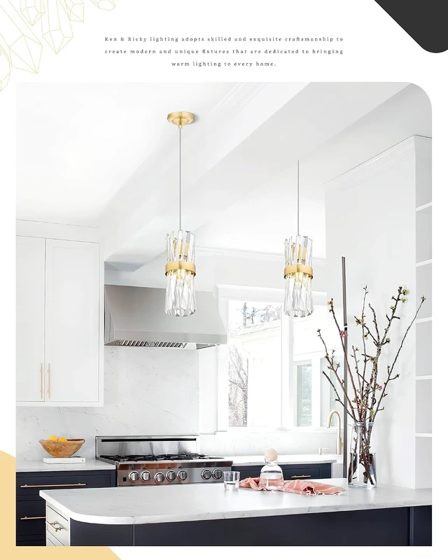 Alt view image 6 of 7 - Ken & Ricky Brush Gold Pendant Lights Kitchen Island, 3-Pack, K9 Crystal