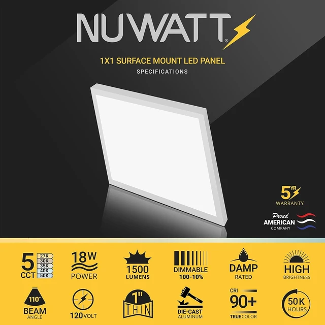 Alt view image 2 of 7 - NUWATT 1x1 LED Light Panel Surface Mount Dimmable, 5CCT 2700K-5000K, CRI90