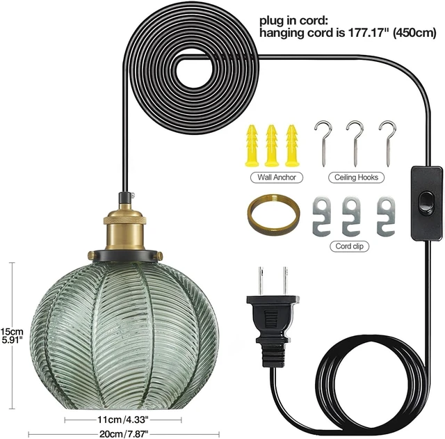 Alt view image 4 of 7 - D7.8 Plug-in Green Glass Pendant Light with 14.8FT Hanging Cord