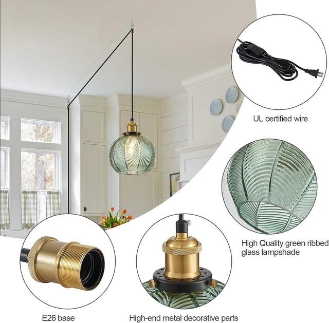 Alt view image 7 of 7 - D7.8 Plug-in Green Glass Pendant Light with 14.8FT Hanging Cord