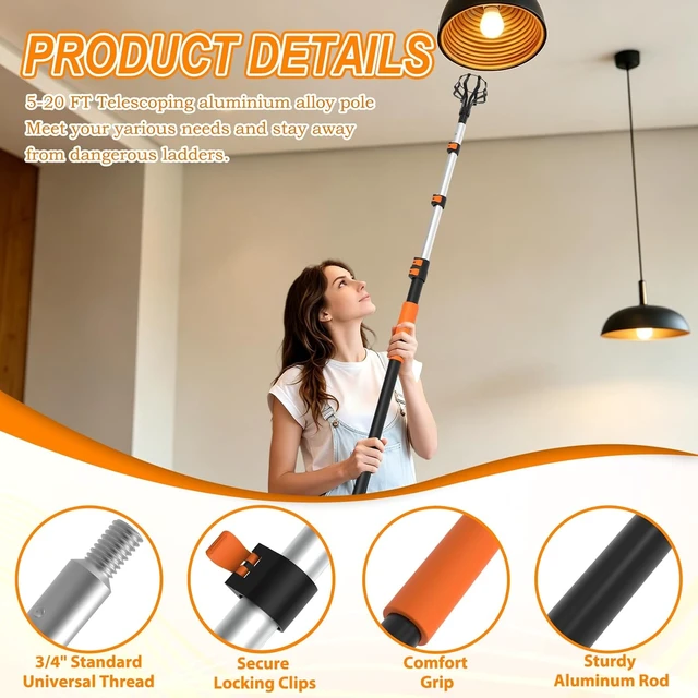 Alt view image 2 of 7 - SISUPASSIE Light Bulb Changer for High Ceilings 26FT Reach, Light Bulb Changer 5-20FT with Basket and Suction Cup for Recessed Lights High Ceiling