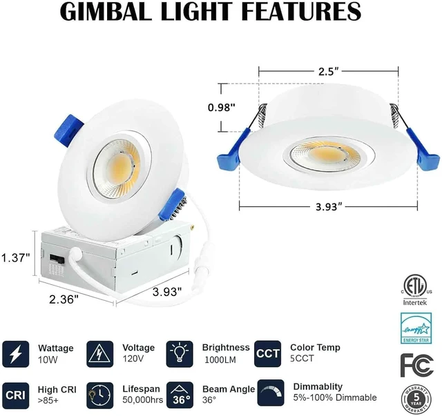 Alt view image 3 of 7 - LTpro LED Recessed Shower Light, Waterproof 3 Inch Recessed Lighting Gimbal LED, Adjustable Eyeball Downlight, 5CCT 2700K-6000K Dimmable, IC Rated with J-Box, 10W, 6 Pack