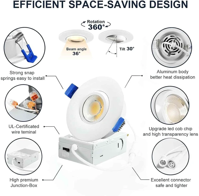 Alt view image 4 of 7 - LTpro LED Recessed Shower Light, Waterproof 3 Inch Recessed Lighting Gimbal LED, Adjustable Eyeball Downlight, 5CCT 2700K-6000K Dimmable, IC Rated with J-Box, 10W, 6 Pack