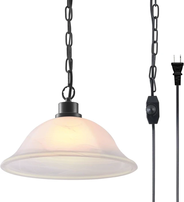Main image of ANYLOVE Vintage Frosted Alabaster Plug in Pendant Light,12" Glass Shade,Black Chain,Adjustable Pendant Light,No Light Source,for Kitchen,Bedroom,Living Room