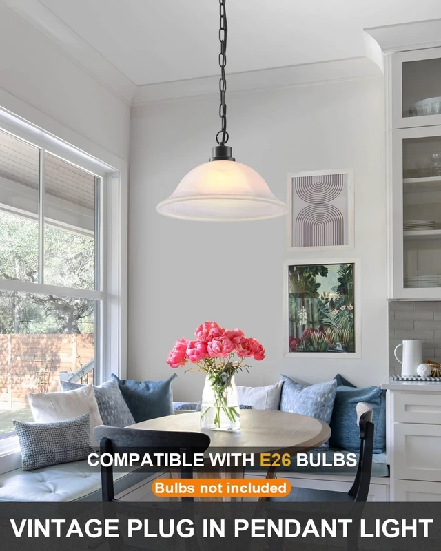 Alt view image 2 of 6 - ANYLOVE Vintage Frosted Alabaster Plug in Pendant Light,12" Glass Shade,Black Chain,Adjustable Pendant Light,No Light Source,for Kitchen,Bedroom,Living Room