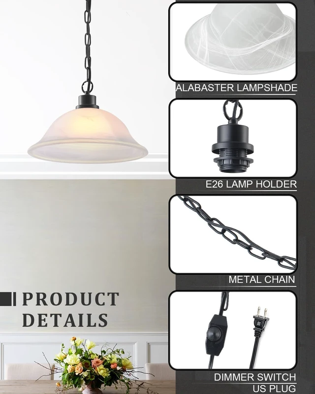 Alt view image 3 of 6 - ANYLOVE Vintage Frosted Alabaster Plug in Pendant Light,12" Glass Shade,Black Chain,Adjustable Pendant Light,No Light Source,for Kitchen,Bedroom,Living Room