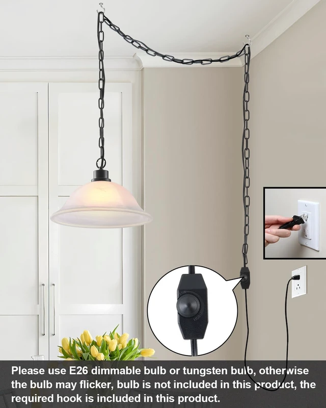 Alt view image 4 of 6 - ANYLOVE Vintage Frosted Alabaster Plug in Pendant Light,12" Glass Shade,Black Chain,Adjustable Pendant Light,No Light Source,for Kitchen,Bedroom,Living Room