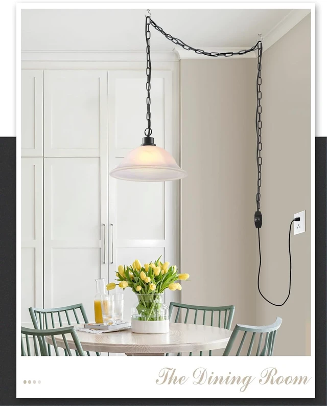 Alt view image 6 of 6 - ANYLOVE Vintage Frosted Alabaster Plug in Pendant Light,12" Glass Shade,Black Chain,Adjustable Pendant Light,No Light Source,for Kitchen,Bedroom,Living Room