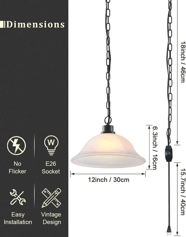 Alt view image 5 of 6 - ANYLOVE Vintage Frosted Alabaster Plug in Pendant Light,12" Glass Shade,Black Chain,Adjustable Pendant Light,No Light Source,for Kitchen,Bedroom,Living Room