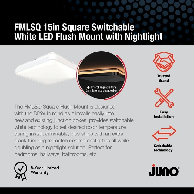 Alt view image 2 of 7 - Juno FMLSQ 15IN SWW5 90CRI WBT NL M4 LED Flush Mount Ceiling Light, Square, 15-Inch