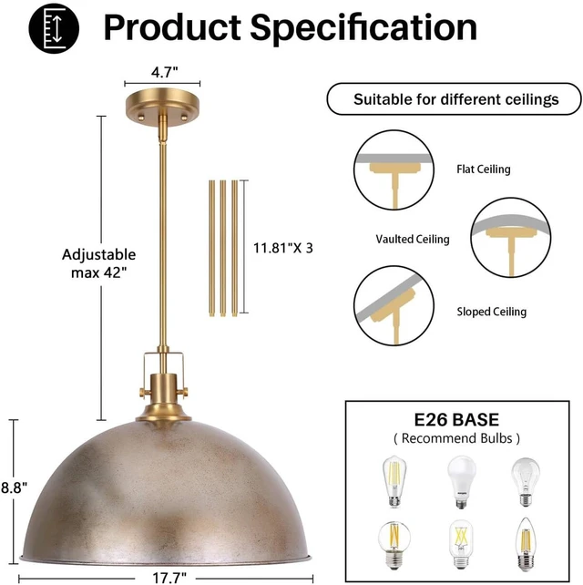 Alt view image 5 of 7 - LamQee 18 Inch Antique Silver Large Pendant Light Kitchen Island, Farmhouse Modern Dome Pendant Light Fixtures Ceiling Hanging Lighting Chandelier for Dining Room Over Table, Bar, Hallway, Entryway