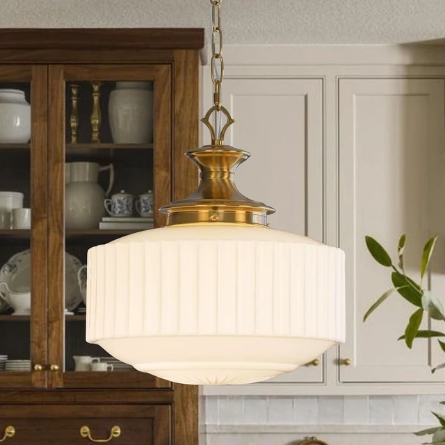 Main image of Vintage Brass Milk Glass Pendant Light Fixture, 13.8" White Pleated Glass Chandelier, Antique Pendant Lights, for Kitchen Island Lighting, Hallway, Bedroom, Dining Room, Foyer, E26 Bulb Included