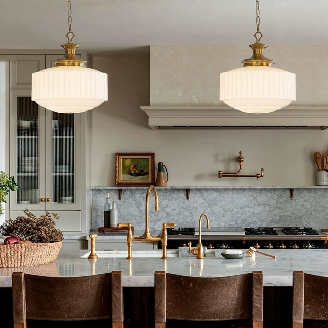 Alt view image 3 of 7 - Vintage Brass Milk Glass Pendant Light Fixture, 13.8" White Pleated Glass Chandelier, Antique Pendant Lights, for Kitchen Island Lighting, Hallway, Bedroom, Dining Room, Foyer, E26 Bulb Included
