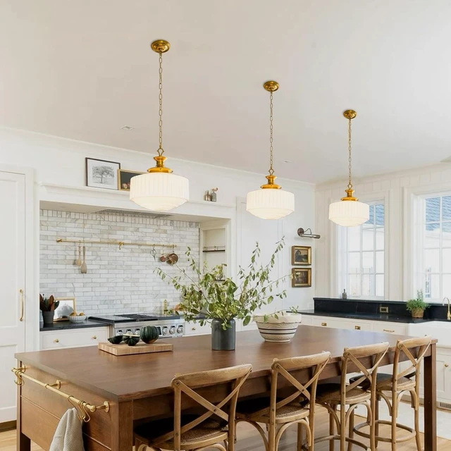 Alt view image 2 of 7 - Vintage Brass Milk Glass Pendant Light Fixture, 13.8" White Pleated Glass Chandelier, Antique Pendant Lights, for Kitchen Island Lighting, Hallway, Bedroom, Dining Room, Foyer, E26 Bulb Included