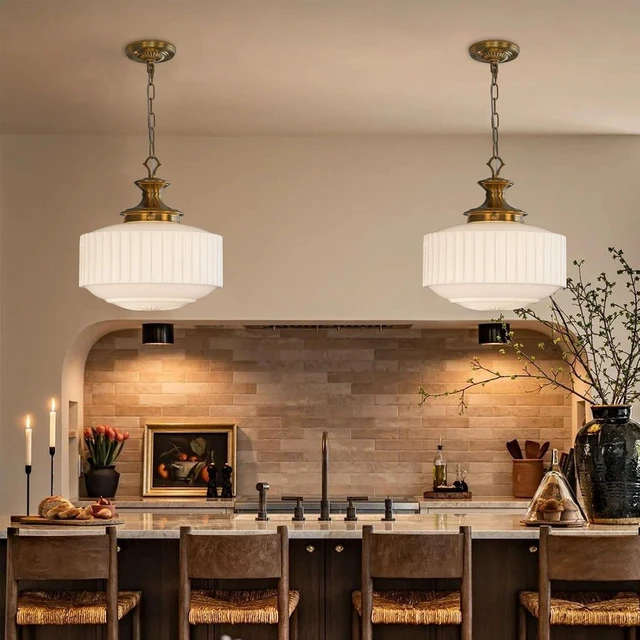 Alt view image 4 of 7 - Vintage Brass Milk Glass Pendant Light Fixture, 13.8" White Pleated Glass Chandelier, Antique Pendant Lights, for Kitchen Island Lighting, Hallway, Bedroom, Dining Room, Foyer, E26 Bulb Included