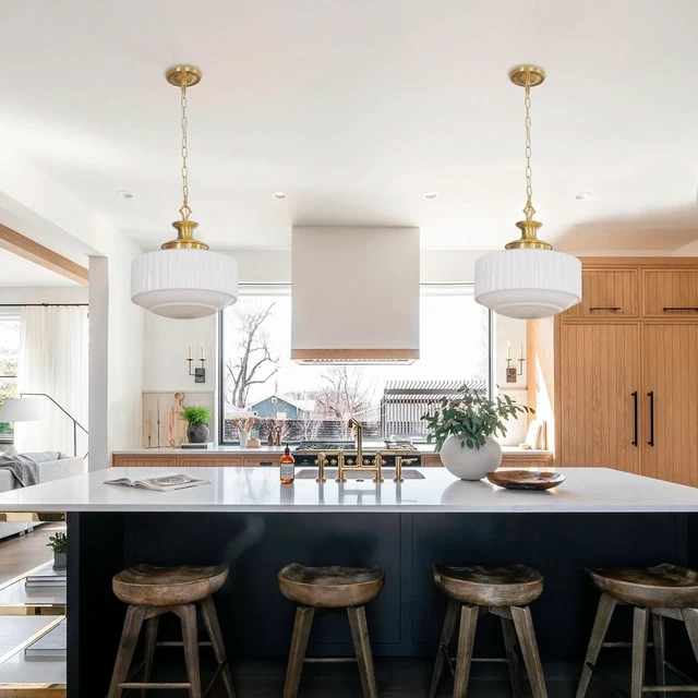 Alt view image 5 of 7 - Vintage Brass Milk Glass Pendant Light Fixture, 13.8" White Pleated Glass Chandelier, Antique Pendant Lights, for Kitchen Island Lighting, Hallway, Bedroom, Dining Room, Foyer, E26 Bulb Included