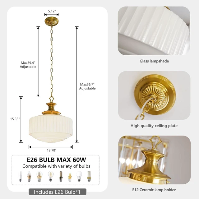 Alt view image 7 of 7 - Vintage Brass Milk Glass Pendant Light Fixture, 13.8" White Pleated Glass Chandelier, Antique Pendant Lights, for Kitchen Island Lighting, Hallway, Bedroom, Dining Room, Foyer, E26 Bulb Included