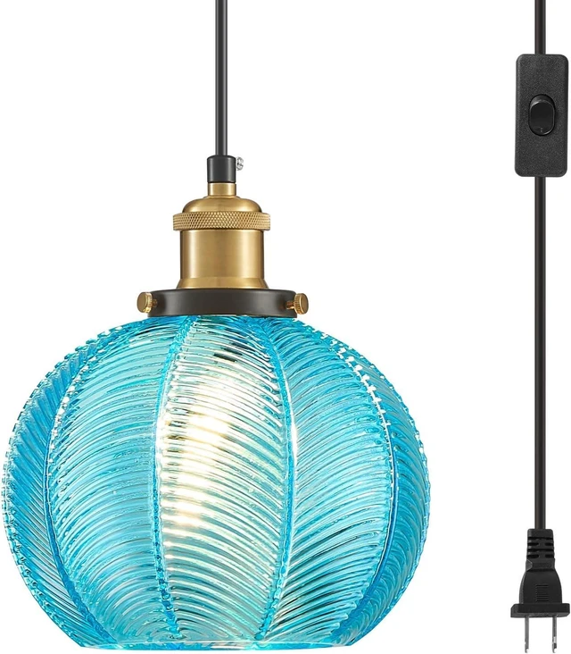 Main image of D7.8 Plug-in Blue Glass Pendant Light with 14.8FT Hanging Cord