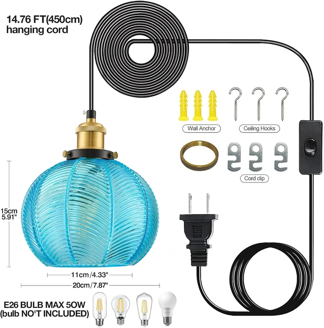Alt view image 6 of 7 - D7.8 Plug-in Blue Glass Pendant Light with 14.8FT Hanging Cord