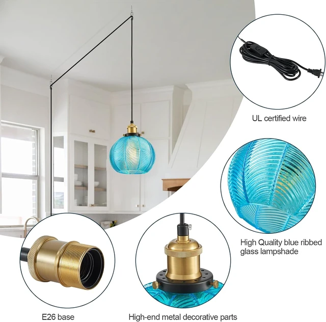 Alt view image 7 of 7 - D7.8 Plug-in Blue Glass Pendant Light with 14.8FT Hanging Cord