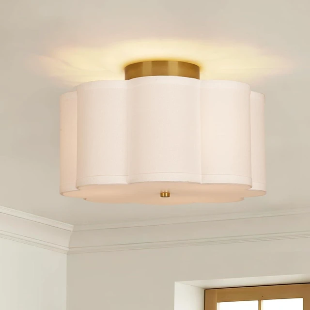 Main image of Vexagyle Modern Flush Mount Ceiling Light,3-Light Nursery Light Fixture with Petal-Type White Fabric Shade,12.6 Farmhouse Drum Ceiling Light Fixture for Bedroom Living Room Kitchen Hallway