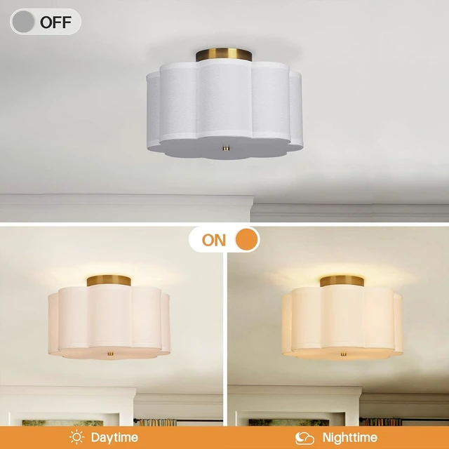 Alt view image 3 of 7 - Vexagyle Modern Flush Mount Ceiling Light,3-Light Nursery Light Fixture with Petal-Type White Fabric Shade,12.6 Farmhouse Drum Ceiling Light Fixture for Bedroom Living Room Kitchen Hallway