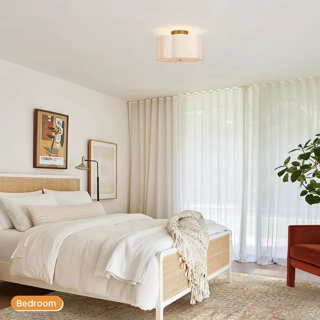 Alt view image 6 of 7 - Vexagyle Modern Flush Mount Ceiling Light,3-Light Nursery Light Fixture with Petal-Type White Fabric Shade,12.6 Farmhouse Drum Ceiling Light Fixture for Bedroom Living Room Kitchen Hallway