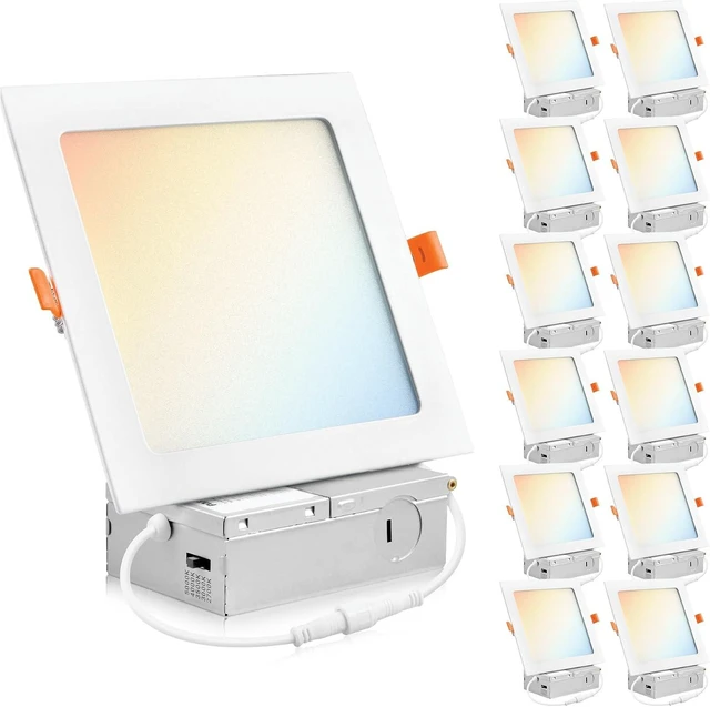 Main image of PARMIDA (12 Pack) 6 Inch Square 5CCT Ultra Thin LED Recessed Lighting with Junction Box, 2700K/3000K/3500K/4000K/5000K 5 Color Selectable, 12W, Dimmable, Canless Wafer Slim Panel Lights, IC Rated, ETL