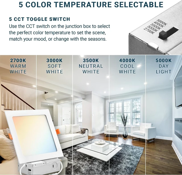 Alt view image 3 of 7 - PARMIDA (12 Pack) 6 Inch Square 5CCT Ultra Thin LED Recessed Lighting with Junction Box, 2700K/3000K/3500K/4000K/5000K 5 Color Selectable, 12W, Dimmable, Canless Wafer Slim Panel Lights, IC Rated, ETL