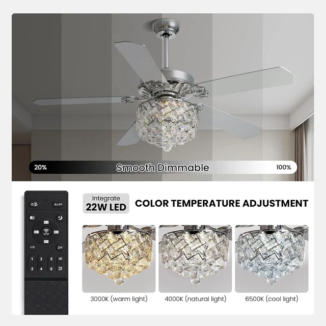 Alt view image 3 of 7 - 52" Crystal Ceiling Fan with Light Dimmable LED Chandelier Fan