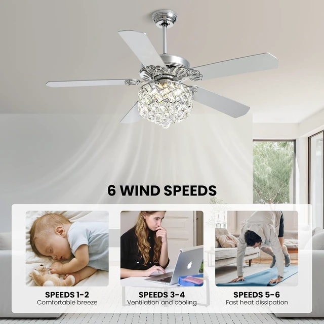Alt view image 5 of 7 - 52" Crystal Ceiling Fan with Light Dimmable LED Chandelier Fan