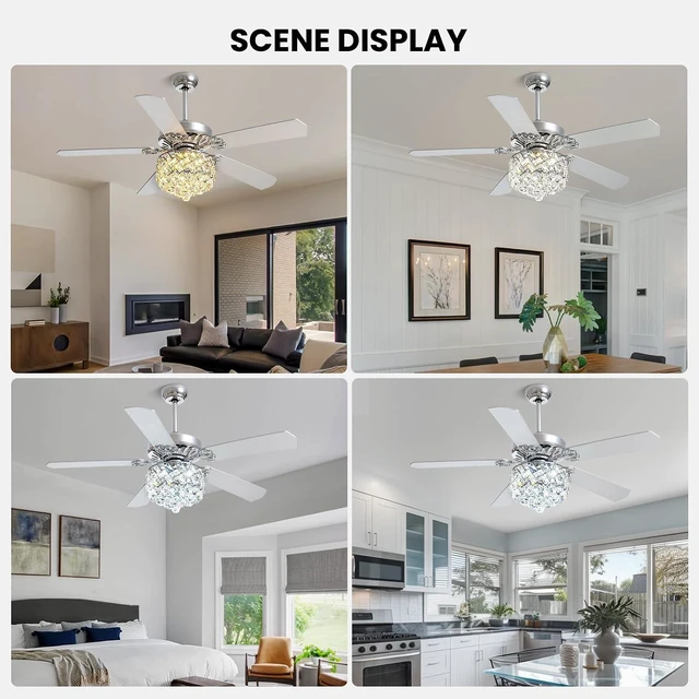 Alt view image 2 of 7 - 52" Crystal Ceiling Fan with Light Dimmable LED Chandelier Fan
