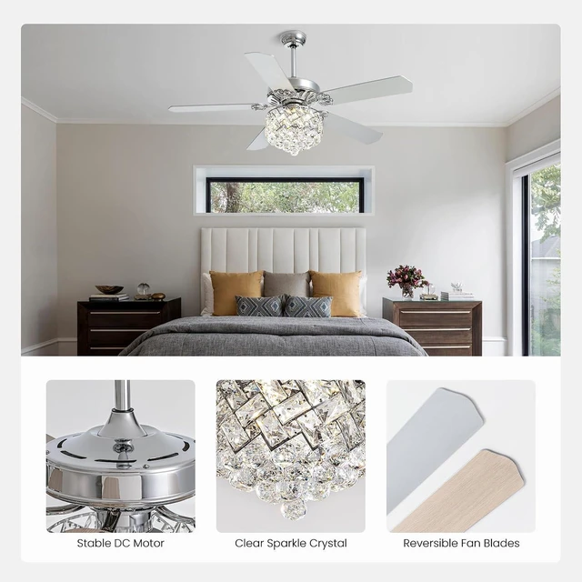 Alt view image 6 of 7 - 52" Crystal Ceiling Fan with Light Dimmable LED Chandelier Fan