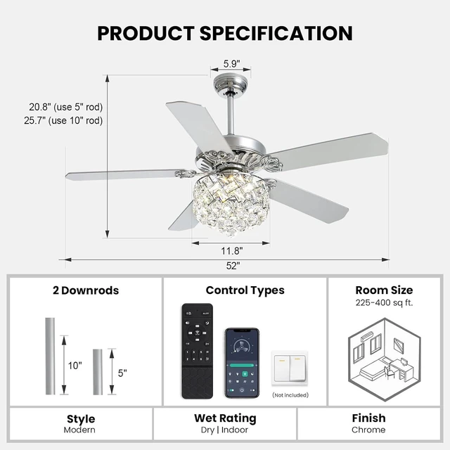 Alt view image 7 of 7 - 52" Crystal Ceiling Fan with Light Dimmable LED Chandelier Fan