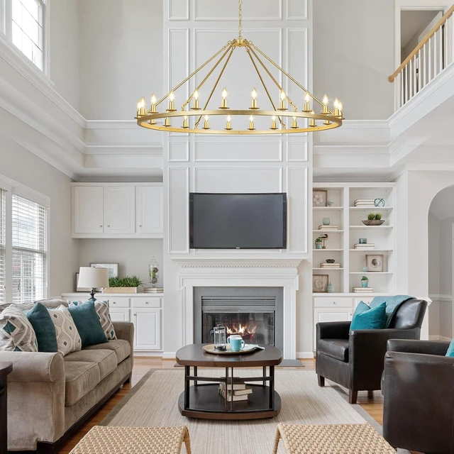 Alt view image 2 of 7 - Gold Wagon Wheel Chandelier 53-Inch 24-Light,Extra Large Round Rustic Farmhouse Chandelier Metal Circle Chandeliers for Dining Room Living Room High Ceilings