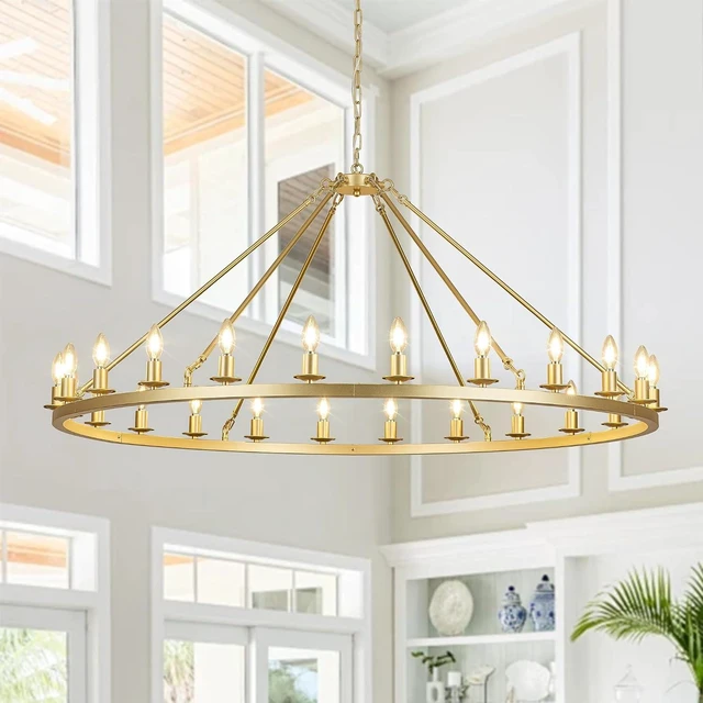 Main image of Gold Wagon Wheel Chandelier 53-Inch 24-Light,Extra Large Round Rustic Farmhouse Chandelier Metal Circle Chandeliers for Dining Room Living Room High Ceilings
