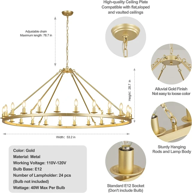 Alt view image 3 of 7 - Gold Wagon Wheel Chandelier 53-Inch 24-Light,Extra Large Round Rustic Farmhouse Chandelier Metal Circle Chandeliers for Dining Room Living Room High Ceilings