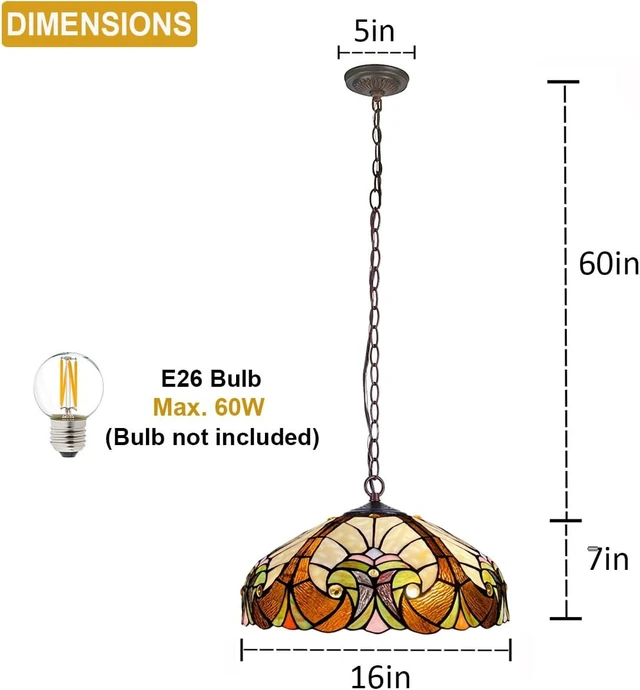 Alt view image 7 of 7 - Tiffany Pendant Light Fixtures 16" Stained Glass Hanging Lamp with Chain