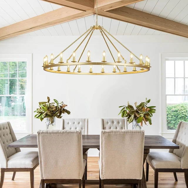 Alt view image 6 of 7 - Gold Wagon Wheel Chandelier 53-Inch 24-Light,Extra Large Round Rustic Farmhouse Chandelier Metal Circle Chandeliers for Dining Room Living Room High Ceilings