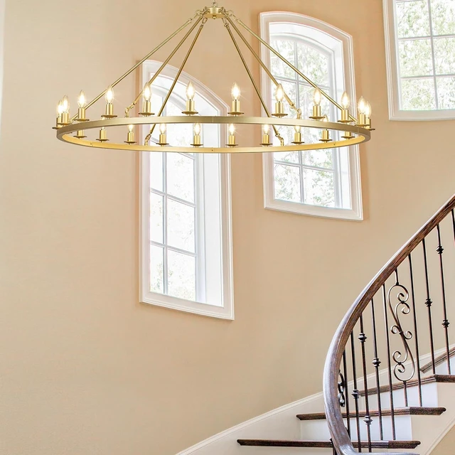 Alt view image 7 of 7 - Gold Wagon Wheel Chandelier 53-Inch 24-Light,Extra Large Round Rustic Farmhouse Chandelier Metal Circle Chandeliers for Dining Room Living Room High Ceilings