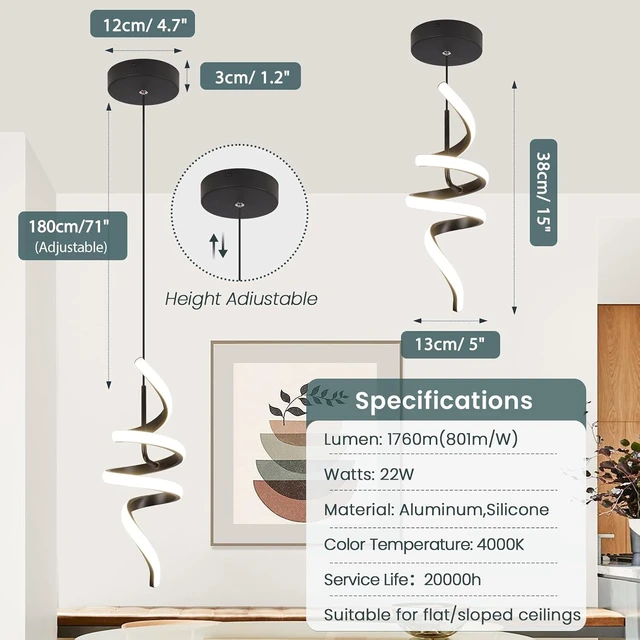 Alt view image 5 of 7 - 4000K Modern Pendant Light, 15IN Spiral LED Pendant Lights Adjustable Height Black Kitchen Island Fixtures Chandeliers for Dining Room Hanging Lights, 1 Pack