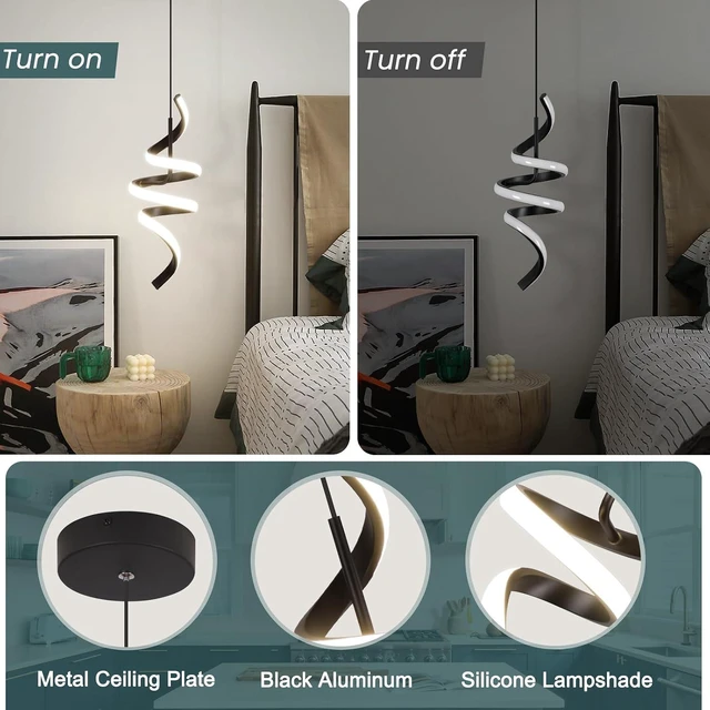 Alt view image 6 of 7 - 4000K Modern Pendant Light, 15IN Spiral LED Pendant Lights Adjustable Height Black Kitchen Island Fixtures Chandeliers for Dining Room Hanging Lights, 1 Pack