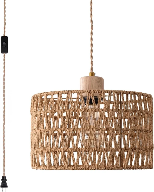 Main image of Plug in Pendant Light with Hand Woven Rattan Lampshade, Hanging Lamp with 15 FT Rope Cord On/Off Switch, Boho Pendant Light Fixture for Living Room Bedroom Kitchen Island Dinning Table