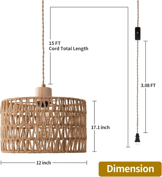 Alt view image 2 of 7 - Plug in Pendant Light with Hand Woven Rattan Lampshade, Hanging Lamp with 15 FT Rope Cord On/Off Switch, Boho Pendant Light Fixture for Living Room Bedroom Kitchen Island Dinning Table